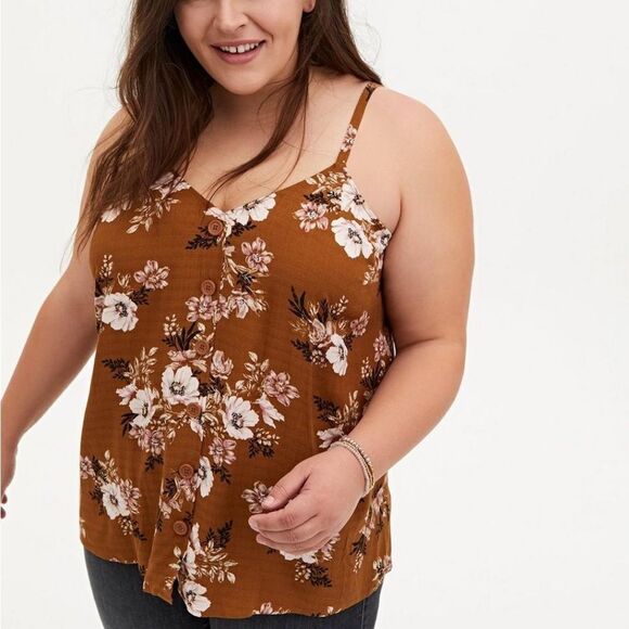 Torrid Button-Front Cami Brown Floral Tank Blouse Sz 0X - Picture 1 of 3